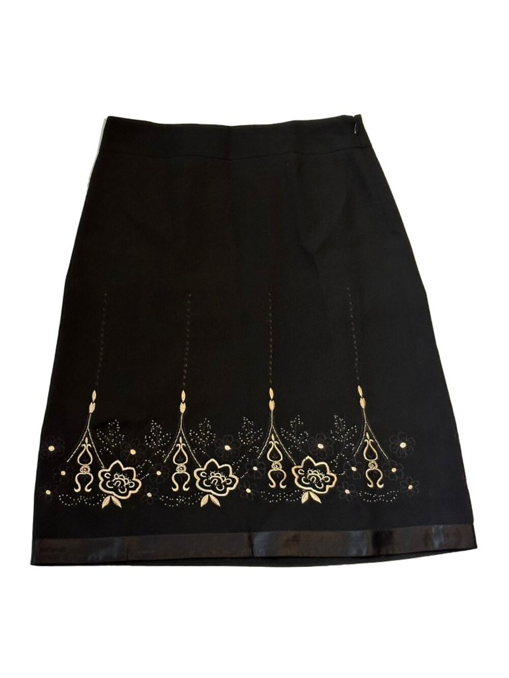 Ann Taylor Loft Black Skirt Size 4 Gold Floral Embroidery Cottage Folkloric